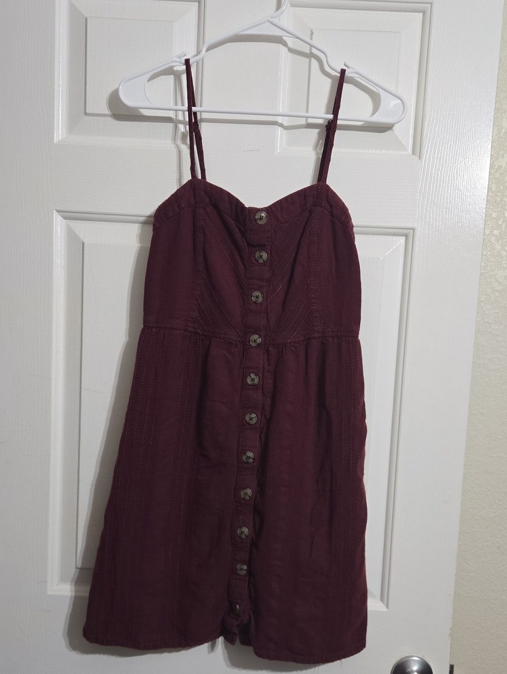Cotton Linen Blend Burgundy Button-Front Spaghetti-Strap Mini Dress